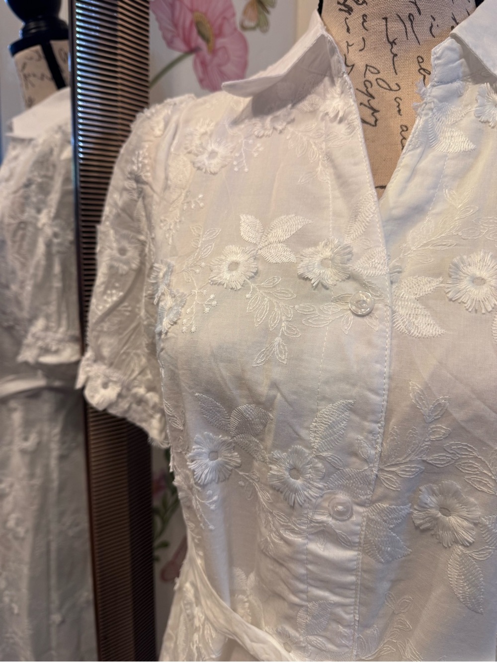 White Embroidered Button-Front Midi Dress with Tie Waist - Picture 6 of 10